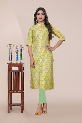 SIMPLYETHNIC Women Printed Straight Kurta(Yellow, Multicolor)