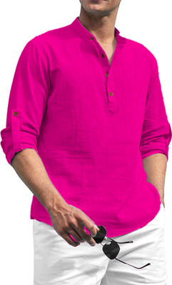 FireFish Men Solid A-line Kurta(Pink)
