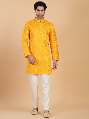 CHIRASVI Men Embroidered Straight Kurta(Yellow)