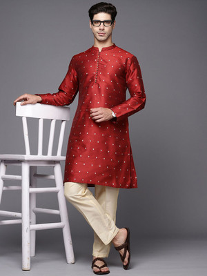 ANOUK Men Polka Print Straight Kurta(Maroon)