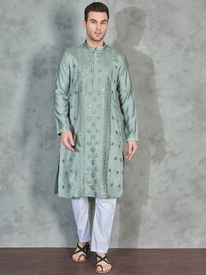 House of Pataudi Men Embroidered Straight Kurta(Light Green)