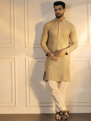 ANOUK Men Floral Print Straight Kurta(Gold)