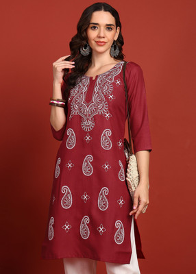TOP N THREAD Women Chikan Embroidery, Floral Print, Embroidered A-line Kurta(Maroon)