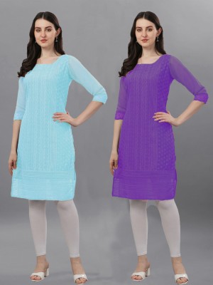 ZAZADIYA ENTERPRISE Women Chikan Embroidery Straight Kurta(Purple, Light Blue)