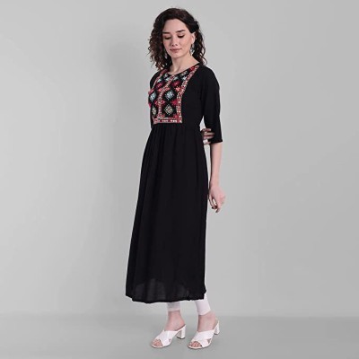 WORLD SHIGO Women Embroidered A-line Kurta(Black)