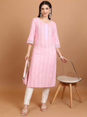 Vishudh Women Embroidered Straight Kurta(Pink)