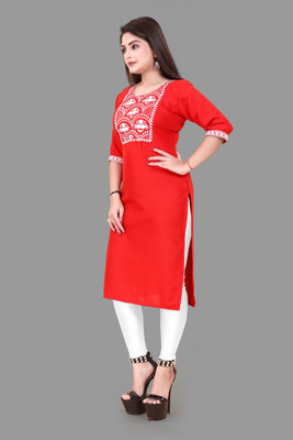 RIDDHI COLLECTION MALL Women Embroidered A-line Kurta(Red)