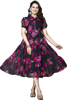 Parth Creation Women Printed Flared Kurta(Black)