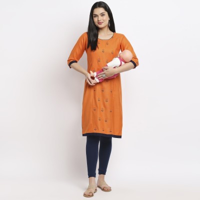 TRUE SHAPE Women Embroidered Straight Kurta(Orange)