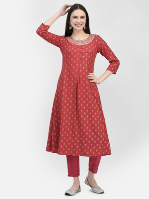 Span Women Self Design A-line Kurta(Red, Beige)