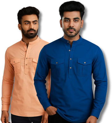 VIMASUTI Men Solid Straight Kurta(Orange, Dark Blue)