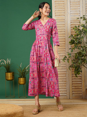 Cartyshop Women Printed Flared Kurta(Pink)