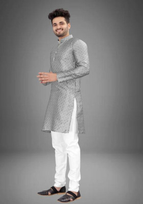VJ Enterprise Men Checkered Straight Kurta(Grey)