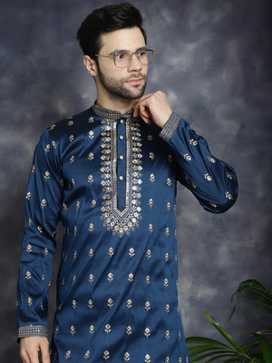 Jompers Men Embroidered Straight Kurta(Blue)