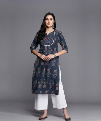 LIBAS Women Floral Print Straight Kurta(Blue)