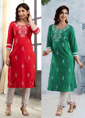 vikshi Women Embroidered Straight Kurta(Multicolor)