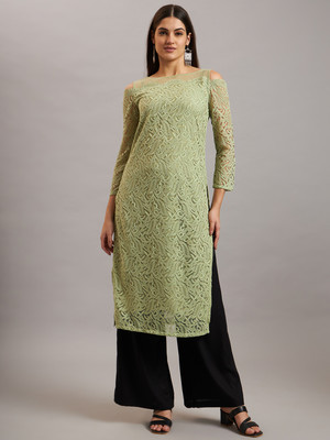 Ojjasvi Women Embroidered Straight Kurta(Green)