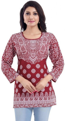 Anmi Faux Crepe Short Kurti Tunic Top (Rust) Printed Women Straight Kurta(Maroon)