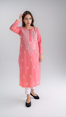 Elaasa Women Chikan Embroidery Straight Kurta(Pink)