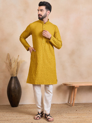 House of Pataudi Men Embroidered Ethnic Dress Kurta(Yellow)