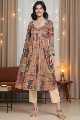 Aurelia Women Abstract Anarkali Kurta(Green)