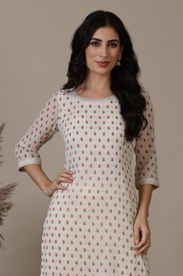 Aurelia Women Abstract Straight Kurta(White)
