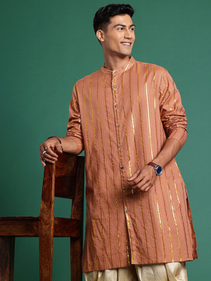 Sangria Men Striped Straight Kurta(Brown)