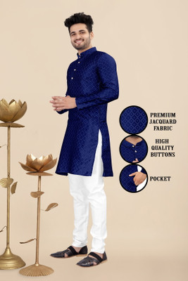 FABWAX Men Self Design Straight Kurta(Dark Blue)
