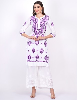 Sufiza Lifestyle Women Embroidered A-line Kurta(White)