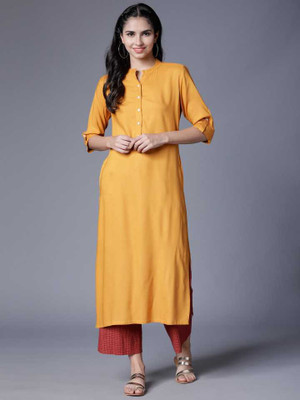 Demirner Women Solid Straight Kurta(Yellow)