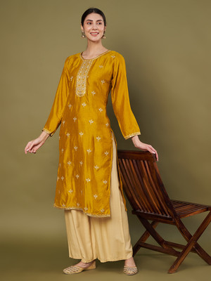 RARE THREAD Women Embroidered A-line Kurta(Yellow)