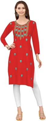 atochi Women Embroidered Straight Kurta(Red)