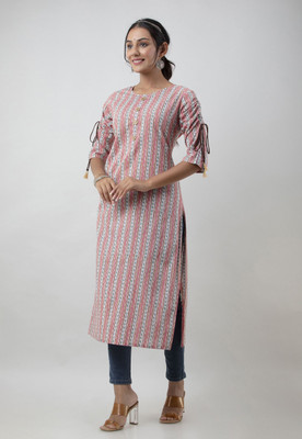 ftDiva Women Checkered Straight Kurta(Pink)