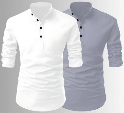 Fashion Marts Men Solid Straight Kurta(White, Grey)