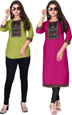 MAHADEVSQUARE Women Embroidered A-line Kurta(Light Green, Pink)