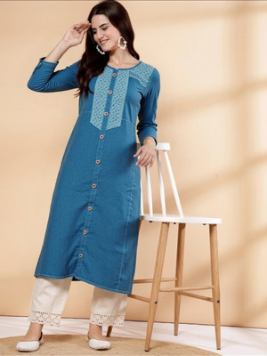 PP Vastram Women Washed A-line Kurta(Light Blue)