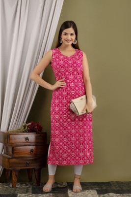 AREEH Women Printed Straight Kurta(Pink)