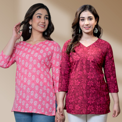 I N ENTERPRISES Women Floral Print Straight Kurta(Pink)