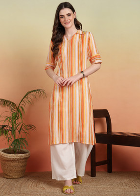IKRASS Women Striped A-line Kurta(Orange)