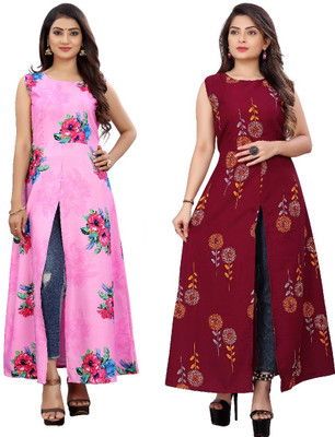 Hiral Creation Women Floral Print Frontslit Kurta(Maroon)