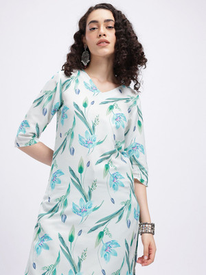 Anouk Rustic Women Floral Print Straight Kurta(Green, White)