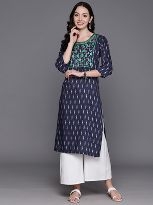 Indo Era Women Embroidered Straight Kurta(Blue)