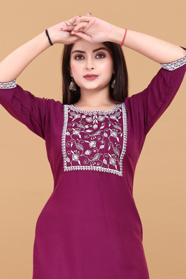 TITHIGARMENTS Women Embroidered A-line Kurta(Purple)