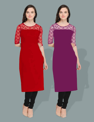 Dream Beauty Fashion Women Self Design Straight Kurta(Purple)