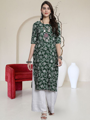 EthnicBasket Women Printed A-line Kurta(Green, White)