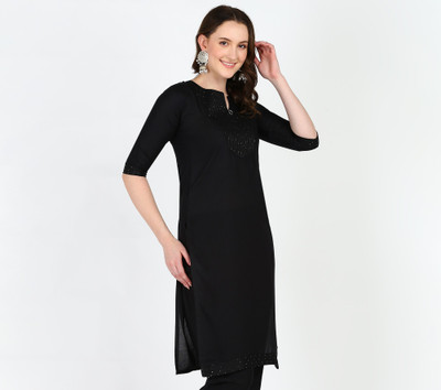 Anvi creation Women Embroidered Straight Kurta(Black)
