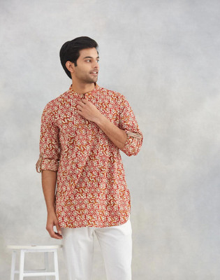 Fabindia Men Printed Straight Kurta(Orange)