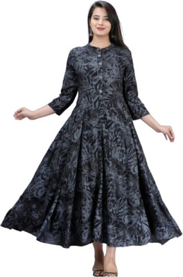 THE FASHION DIVA Women Printed Flared Kurta(Black)