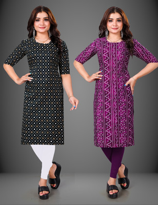 MOBHISA Women Printed Straight Kurta(Purple)