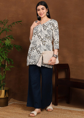 DSK STUDIO Women Floral Print Tunic Kurta(Grey)